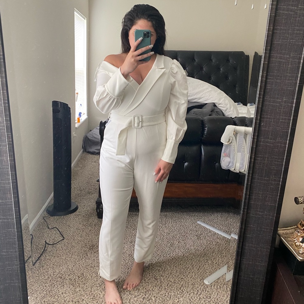White off shoulder jumpsuit